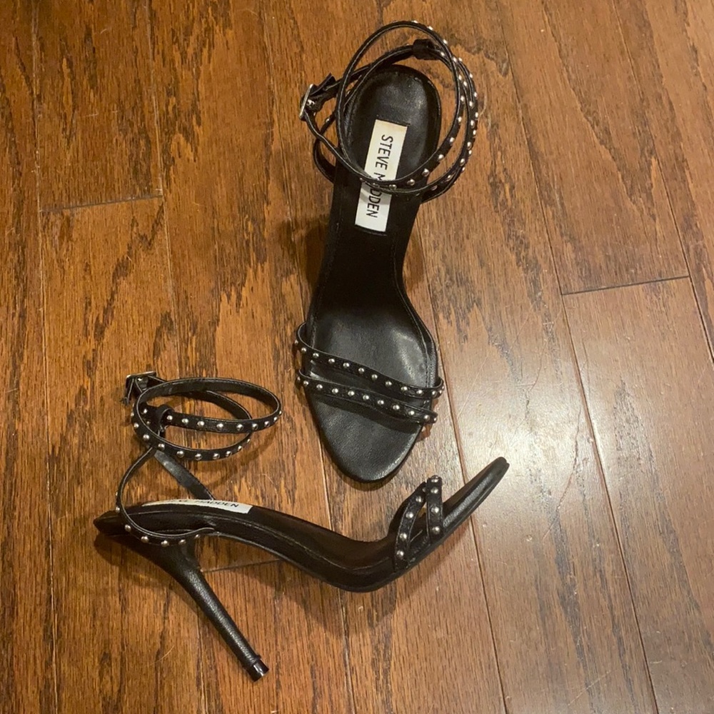 Steve Madden Wish black studded ankle wrap stiletto sandal. Size 6. Like new!